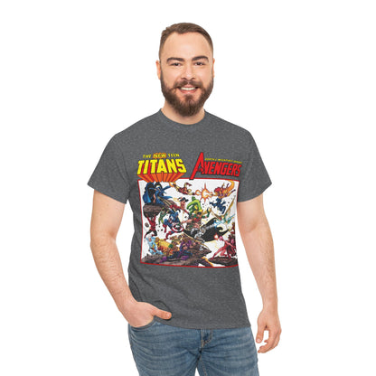 New Teen Titans Vs Avengers T-Shirt - George Perez Art - Hawkeye, Wonder Man, Raven, Starfire, Cyborg, Scarlet Witch, Wonder Girl - DC Comics & Marvel Comics