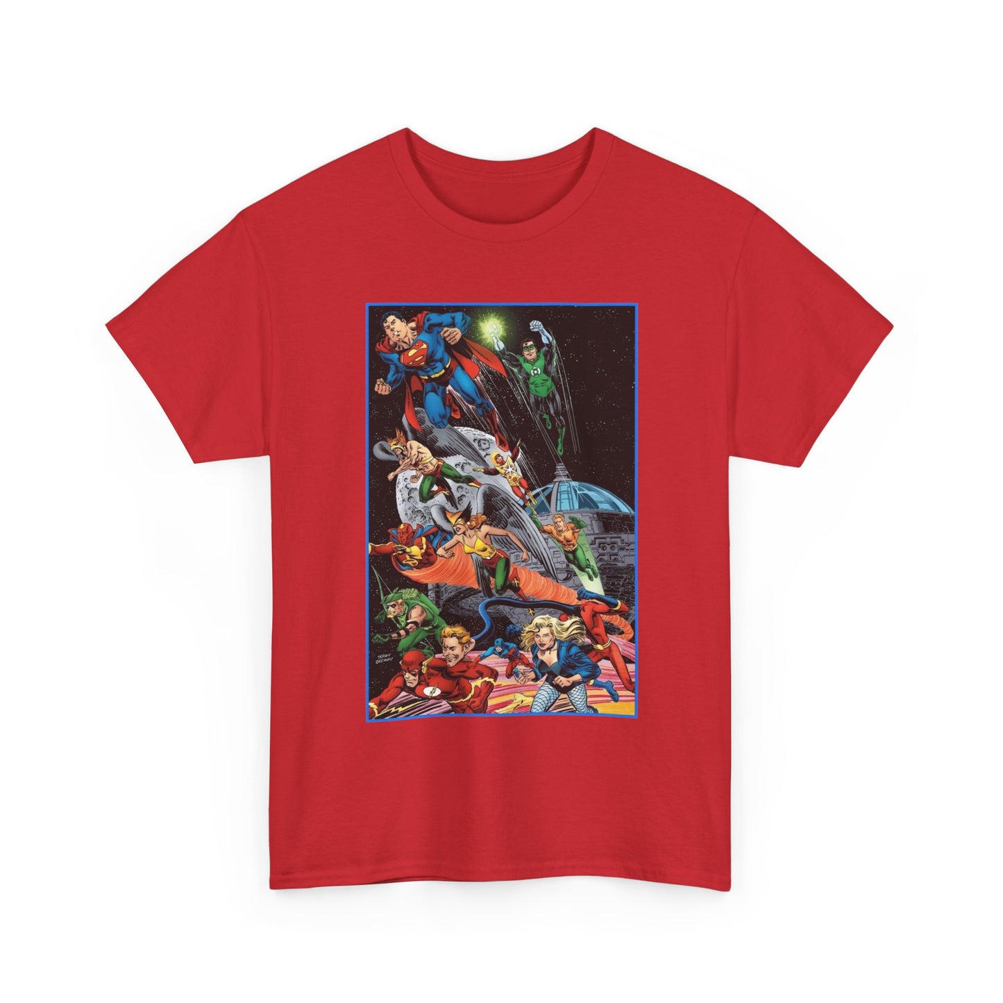 Justice League of America T-Shirt - Jerry Ordway Art - Superman, Wonder Woman, Firestorm, Flash, Black Canary, Atom - DC Comics