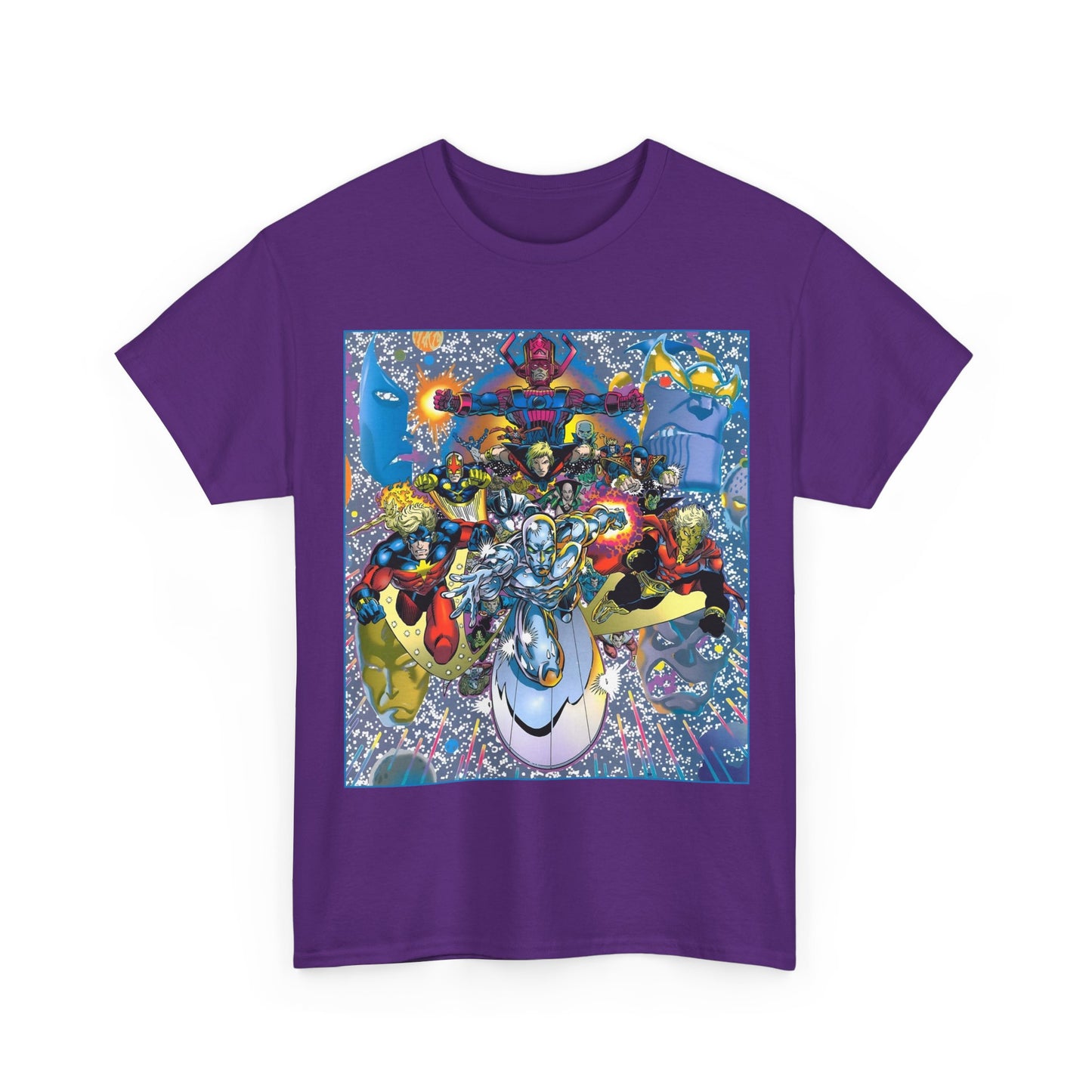 Marvel Cosmic Heroes T-Shirt - Silver Surfer, Captain Marvel, Adam Warlock, Quasar, Nova, Galactus, Jack of Hearts, Moondragon, Thanos