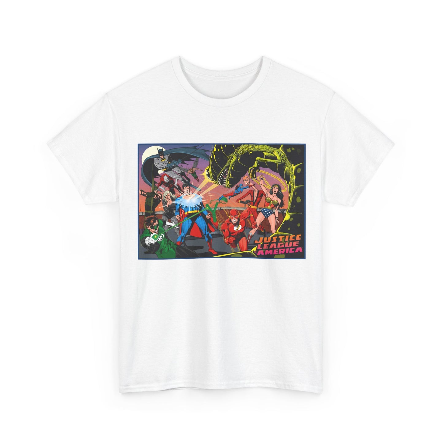 Justice League of America T-Shirt - Brian Bolland Art - Superman, Green Lantern, Wonder Woman, Batman, Flash, Elongated Man, Black Canary, Green Arrow, Atom - DC Comics