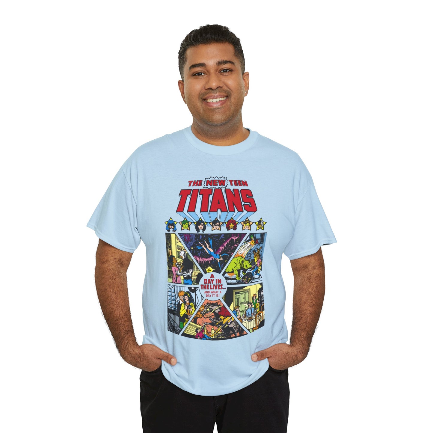 New Teen Titans T-Shirt - George Perez Art - #8 Cover - A Day in the Life - Robin, Wonder Girl, Cyborg, Starfire, Raven, Changeling, Kid Flash - DC Comics