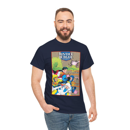 Justice League of America T-Shirt - Dan Jurgens Art - Superman, Fire, Ice, Blue Beetle, Booster Gold, Bloodwynde - DC Comics