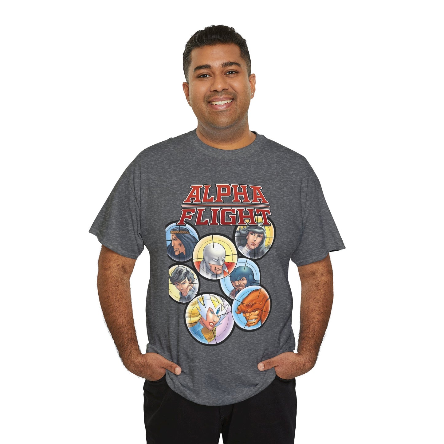 Alpha Flight T-Shirt - John Byrne Art - Guardian, Aurora, Northstar, Sasquatch, Shaman, Puck, Snowbird - Canada's Super Heroes - Marvel Comics