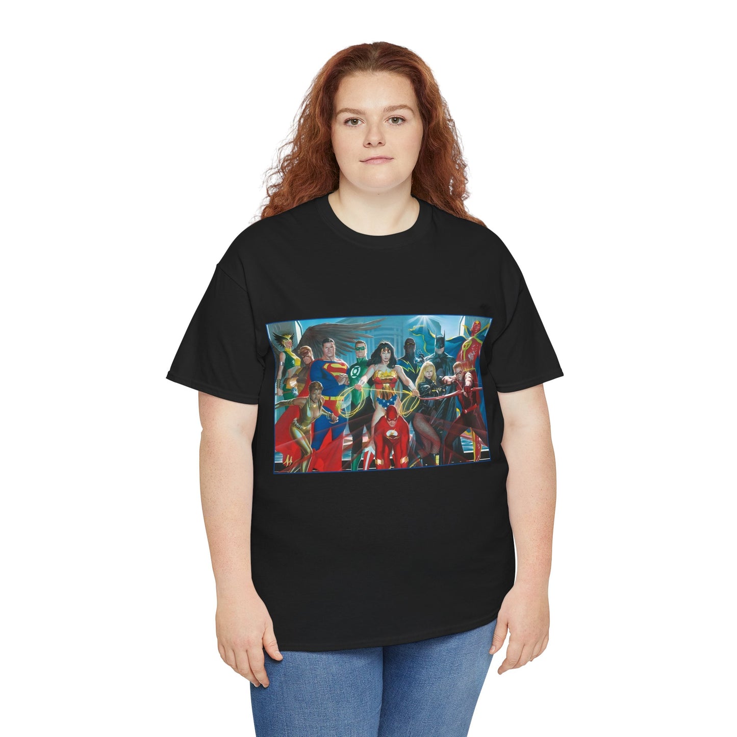 Justice League T-Shirt - Alex Ross Art - Superman, Wonder Woman, Batman, Flash, Black Canary, Vixen, Black Lightning, Green Lantern, Geo-Force, Red Tornado - DC Comics