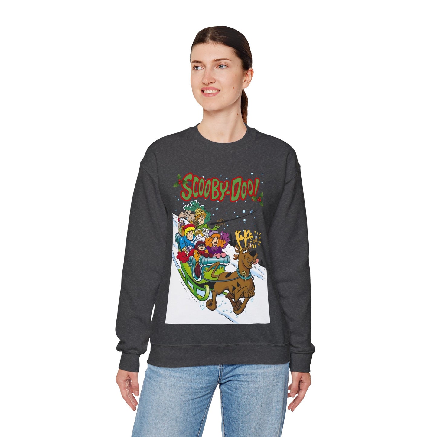 Scooby Doo Christmas Crewneck Sweatshirt - Shaggy, Daphne, Velma, Fred Sleighing Through the Snow