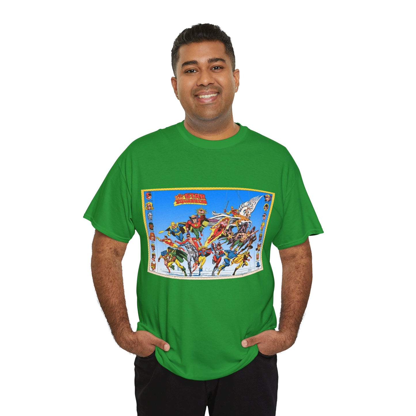 All-Star Squadron T-Shirt - Jerry Ordway Art - JSA Connection - Firebrand, Robotman, Amazing Man, Shining Knight, Tarantula, Dr Fate - Retro 1980s Series - DC Comics