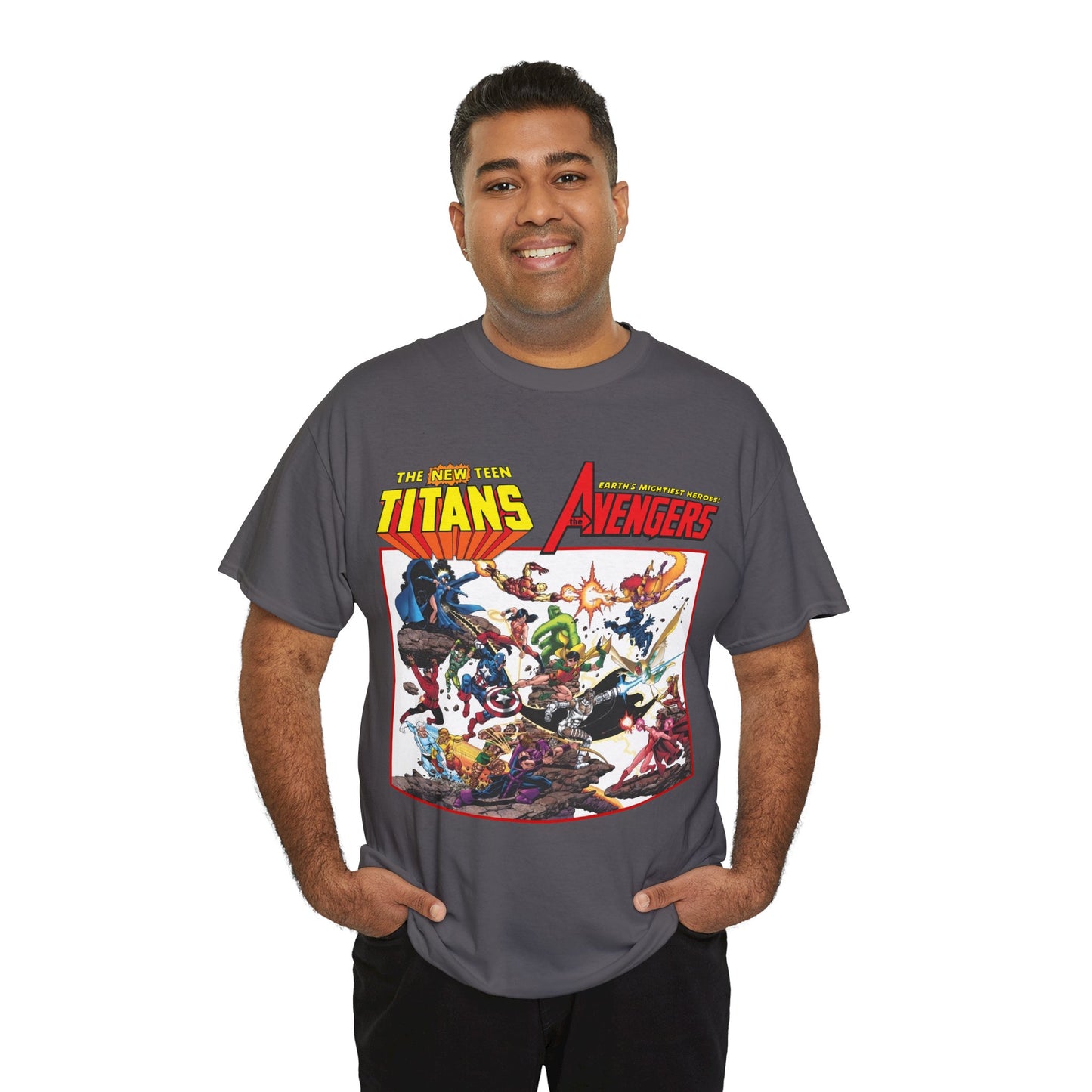 New Teen Titans Vs Avengers T-Shirt - George Perez Art - Hawkeye, Wonder Man, Raven, Starfire, Cyborg, Scarlet Witch, Wonder Girl - DC Comics & Marvel Comics