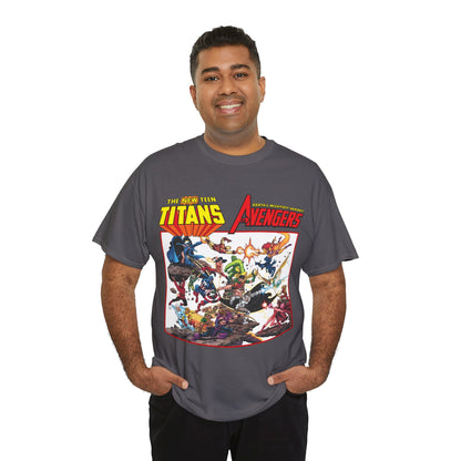 New Teen Titans Vs Avengers T-Shirt - George Perez Art - Hawkeye, Wonder Man, Raven, Starfire, Cyborg, Scarlet Witch, Wonder Girl - DC Comics & Marvel Comics