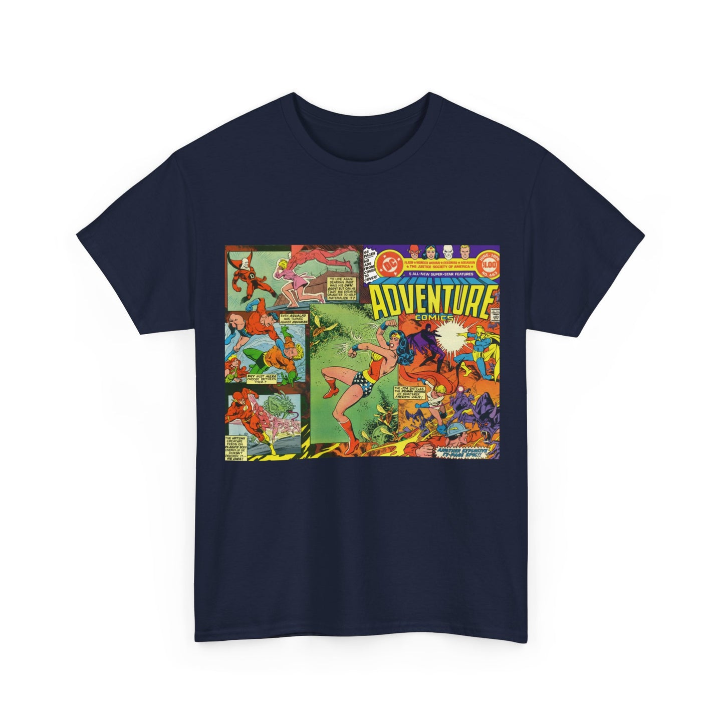 Adventure Comics #463 T-Shirt - Wonder Woman, Dr Fate, Power Girl, Deadman, Aquaman, Aqualad, Flash - DC Comics