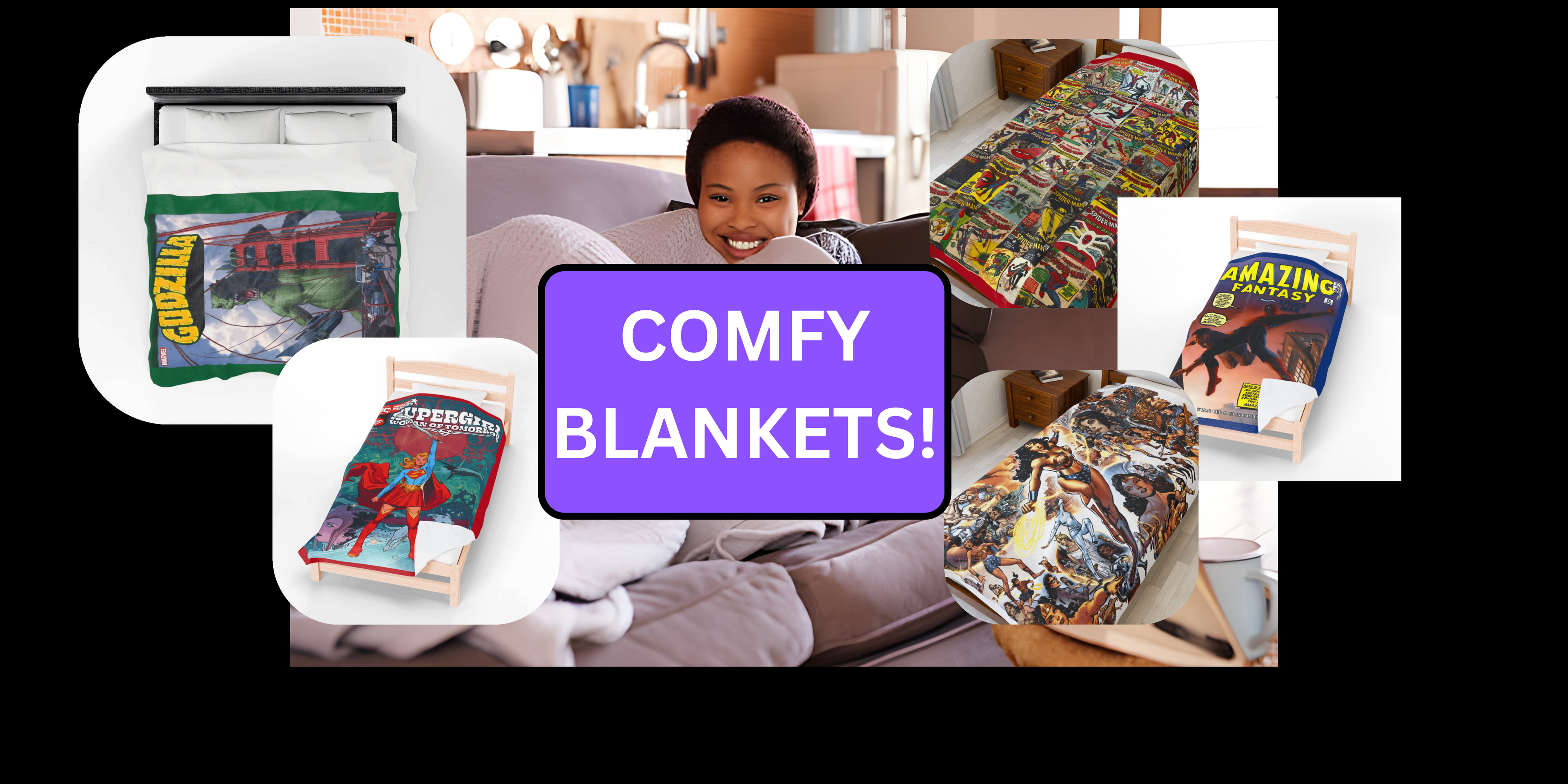 Person sitting on a couch with colorful blankets and comic books, surrounded by similar items.