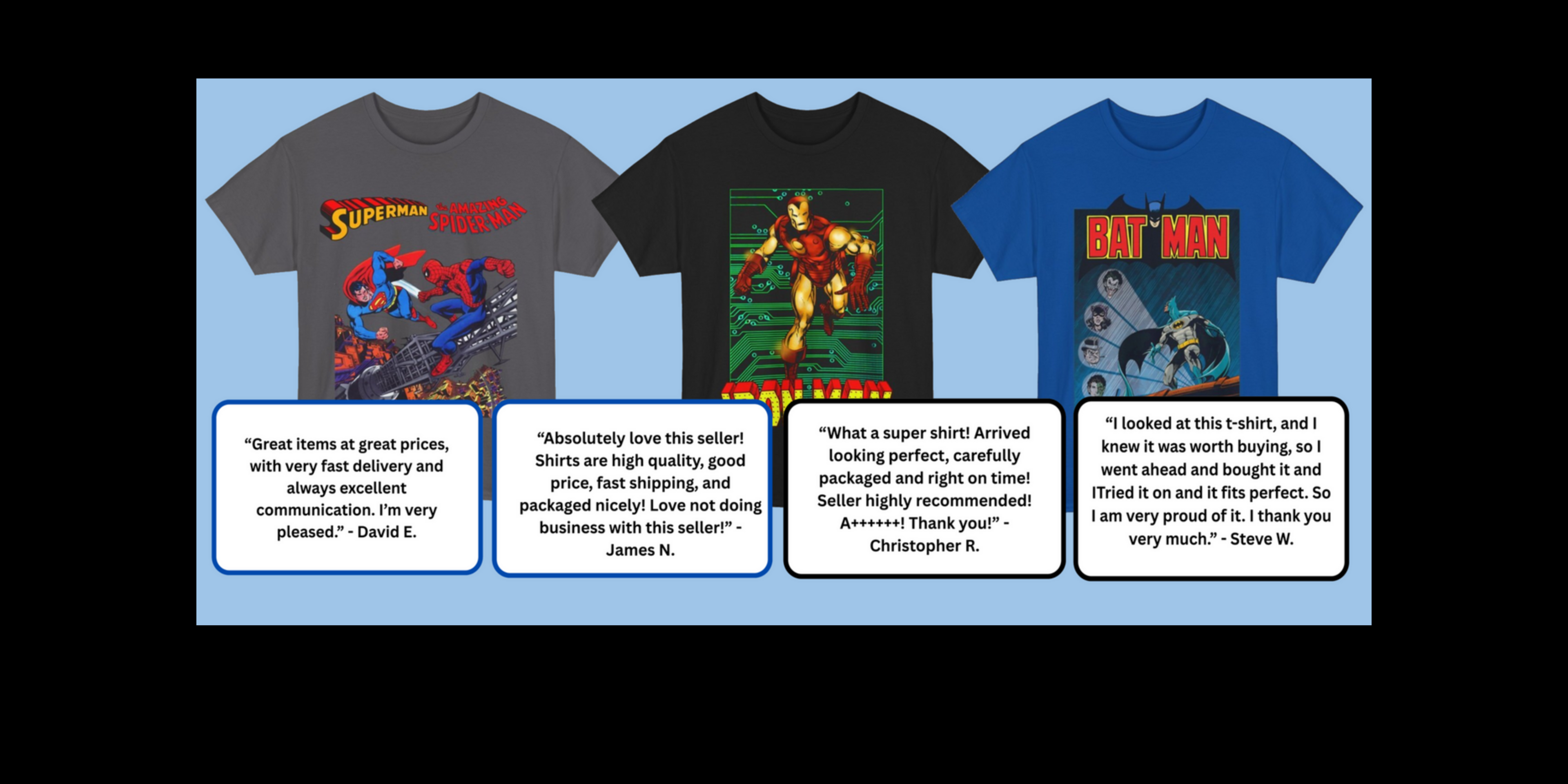 Three t-shirts with graphic designs and customer reviews displayed below.