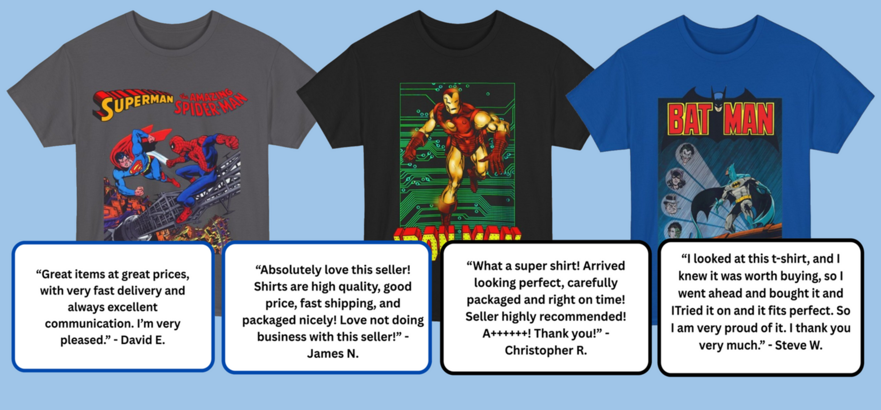 Three t-shirts featuring Superman, Iron Man, and Batman with customer reviews displayed below.