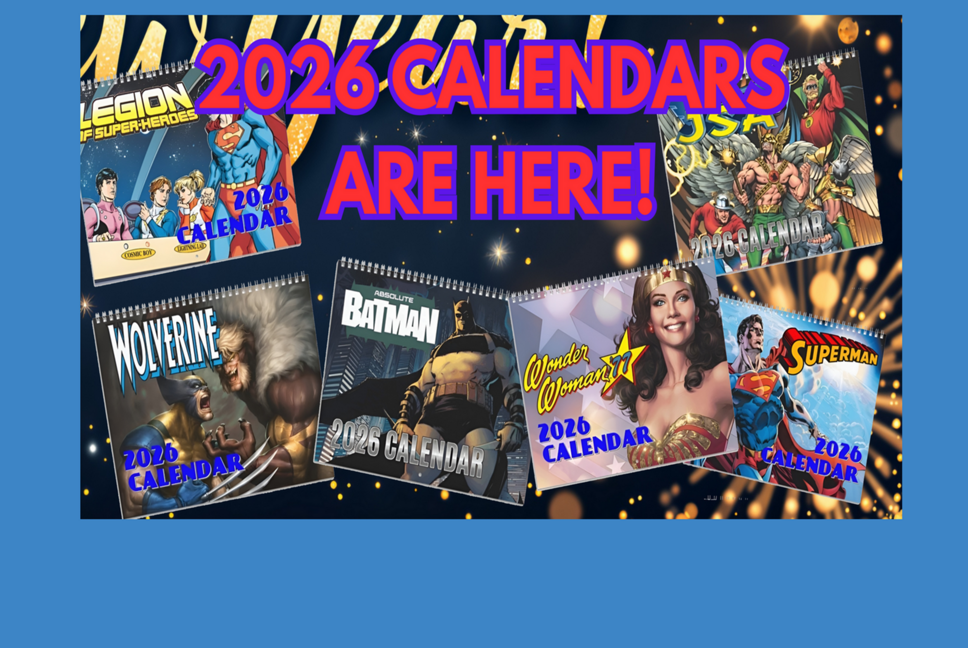 Promotional image of 2026 calendars featuring superhero characters on a blue background with text.